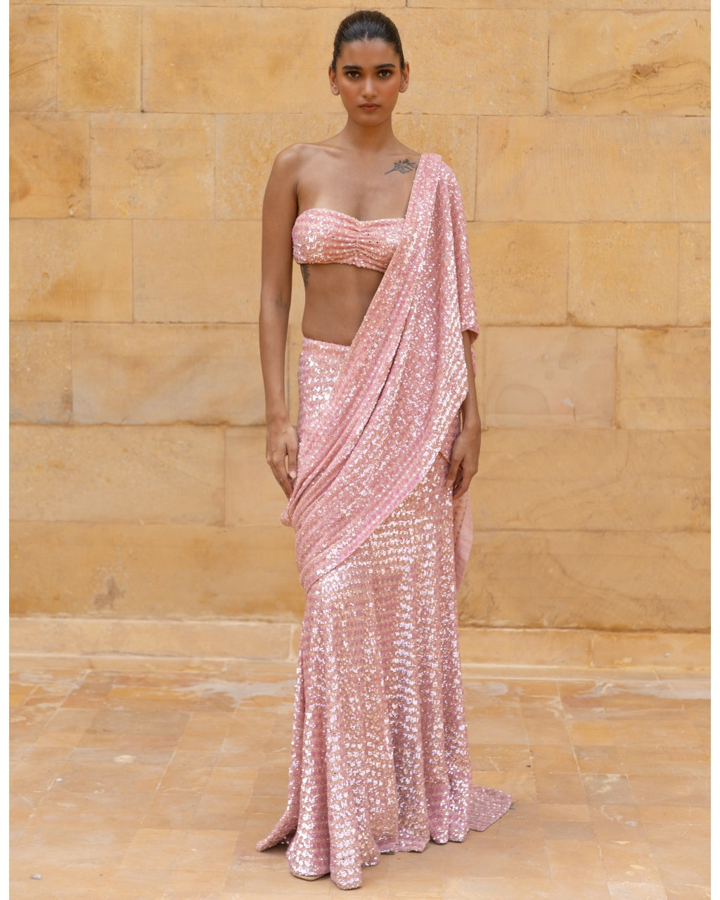 Marvelous Light Pink Sequins Work Silk Wedding Saree With Blouse