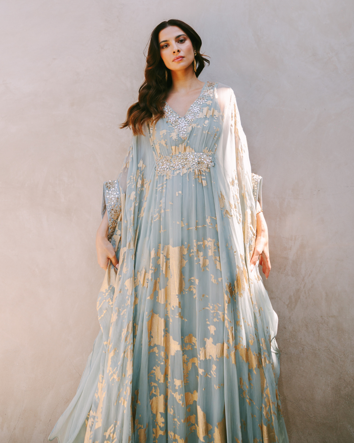 kaftan chiffon dress Coral Pink Chiffon and Gold Foil Kaftan