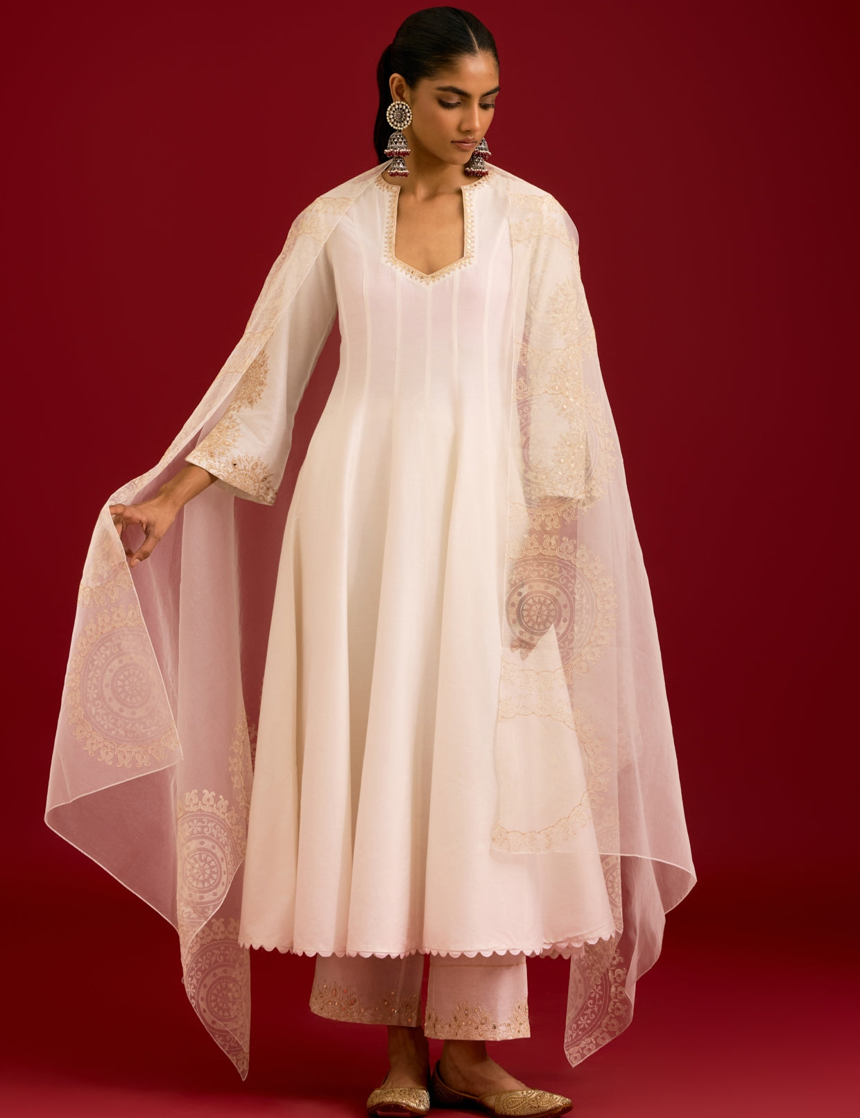 Ivory Cotton Silk Blend Sequins, Mirror and Dori Embroidered Anarkali Set