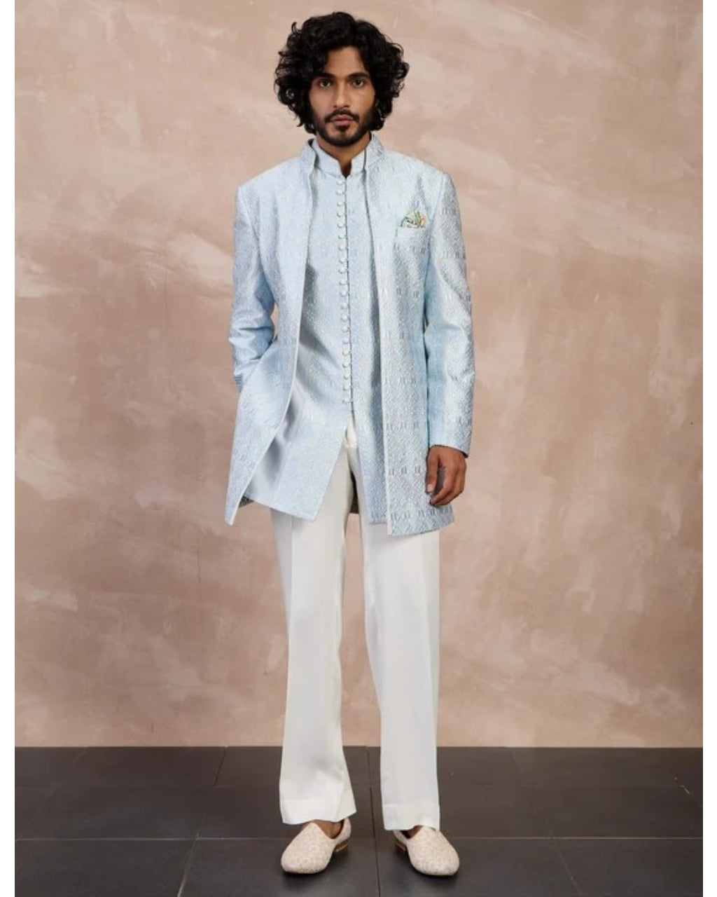 Ivory Powder Blue Maze Open Bandhgala Set Arjan Dugal – KYNAH