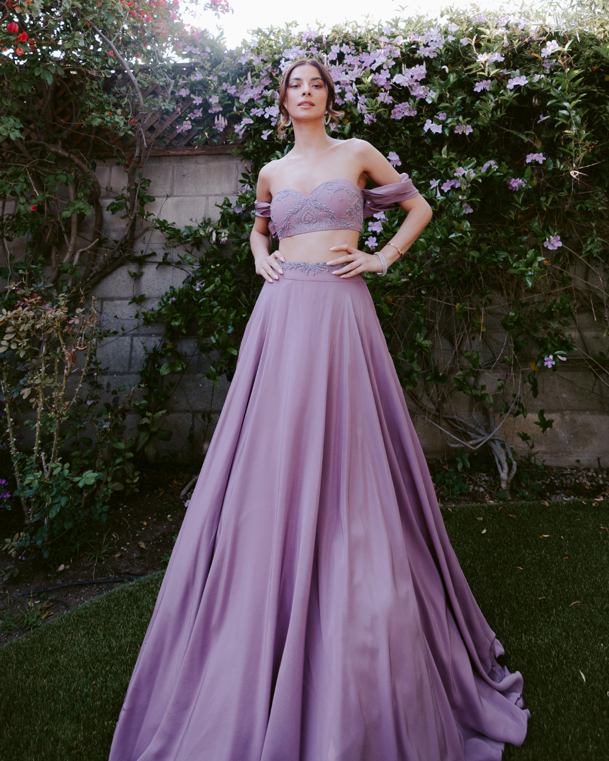 Purple Off Shoulder Satin Lehenga The Little Black Bow KYNAH