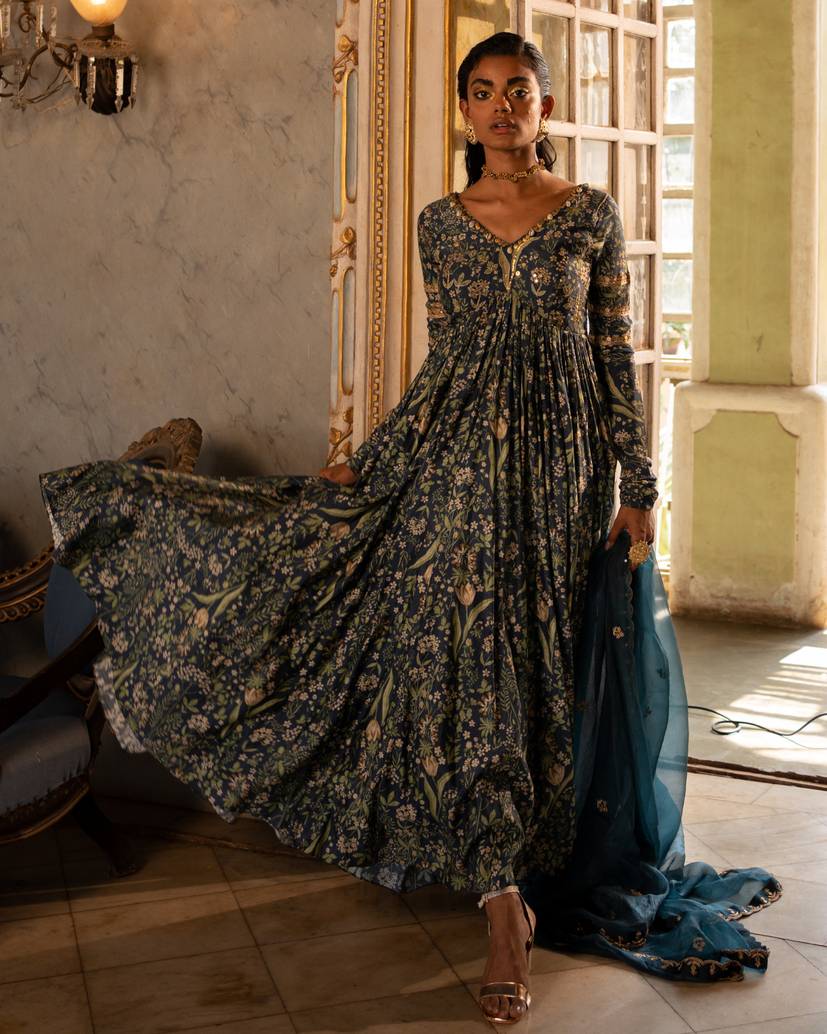 Navy Blue Cotton Silk Printed Anarkali Set Paulmi Harsh KYNAH