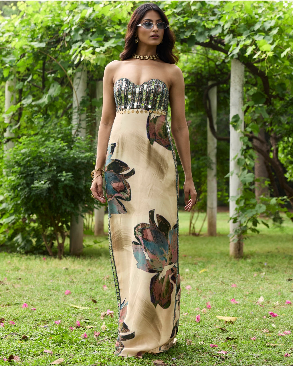 Beige Floral Slit Dress
