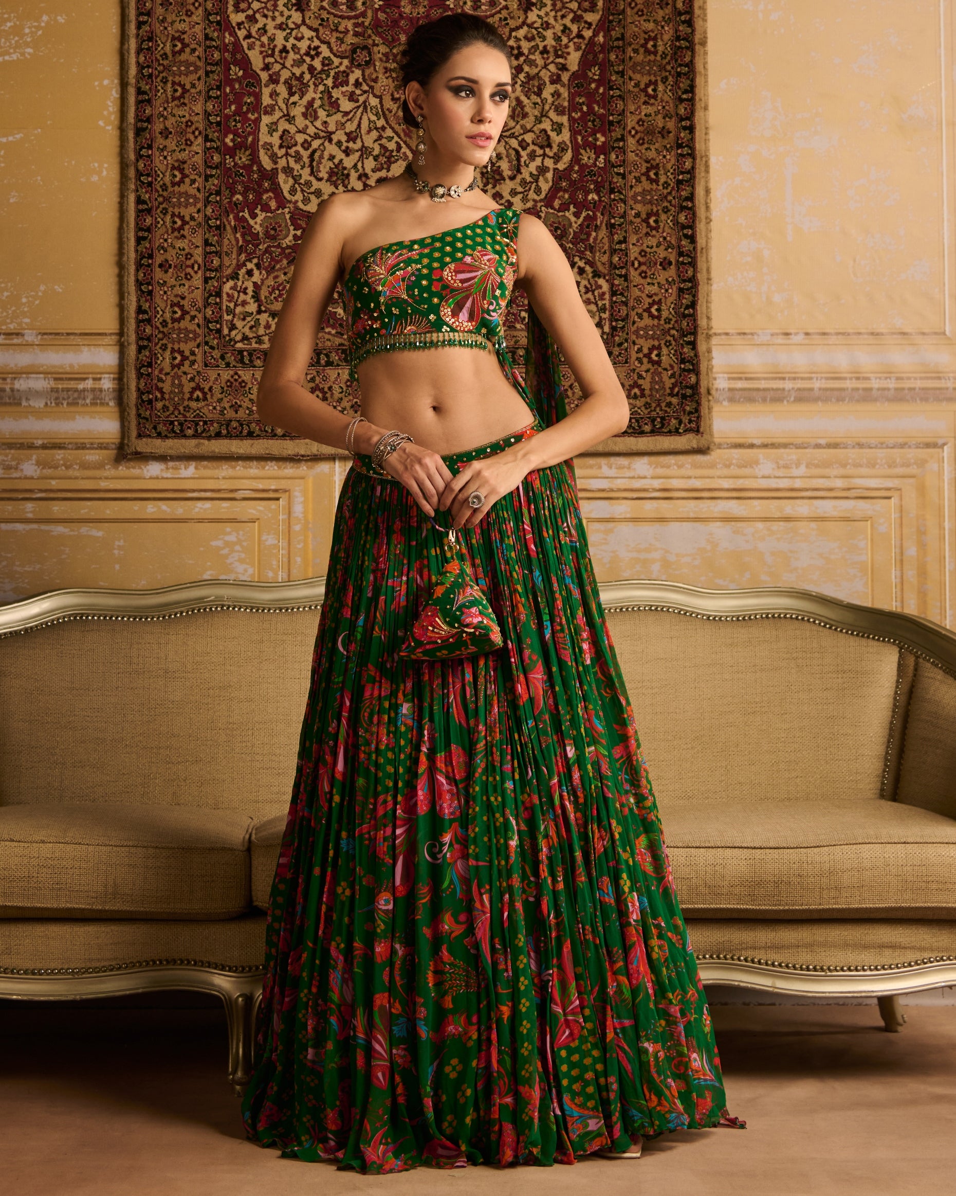 Dark Green Embroidery Silk Lehnga cheapest choli