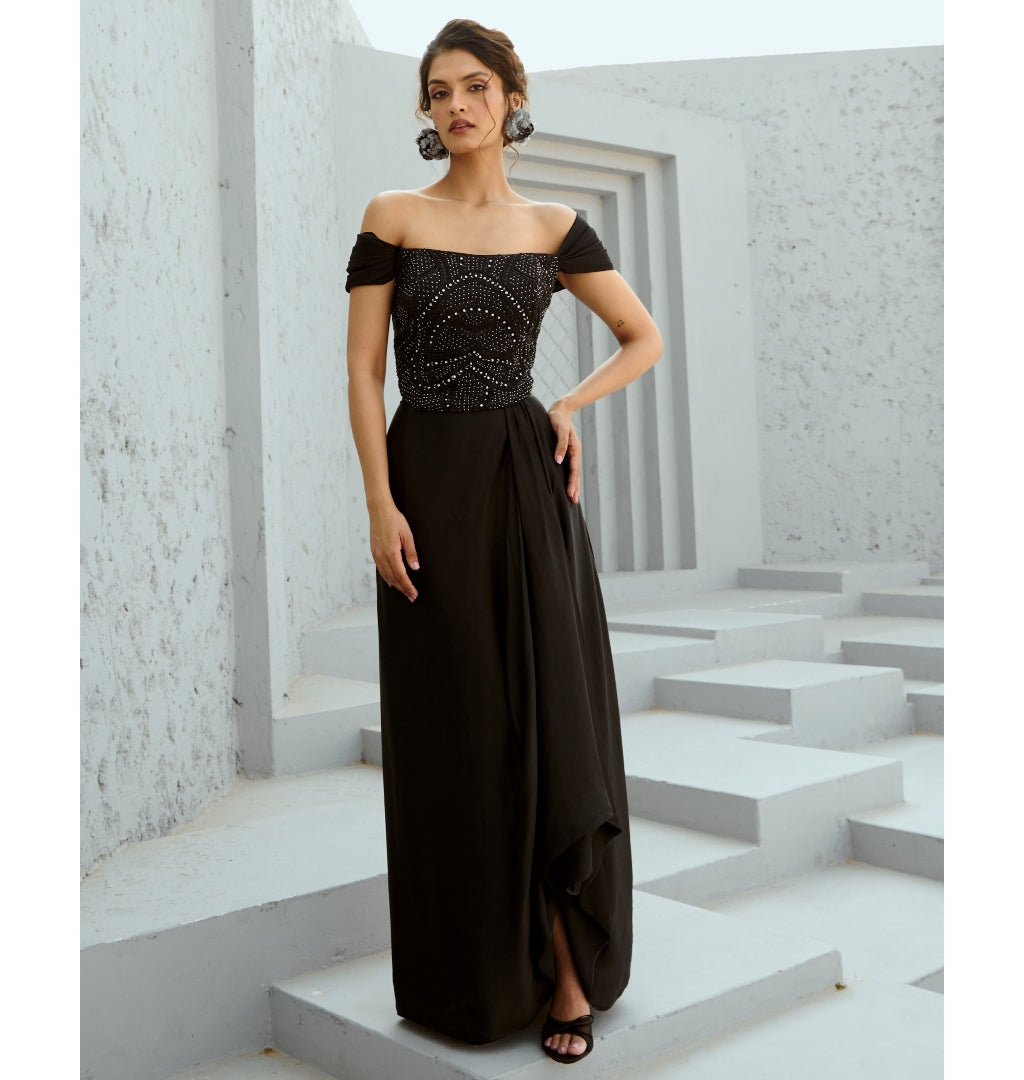 stella corset dress Stella Black Off Shoulder Crystal Corset Satin Gown