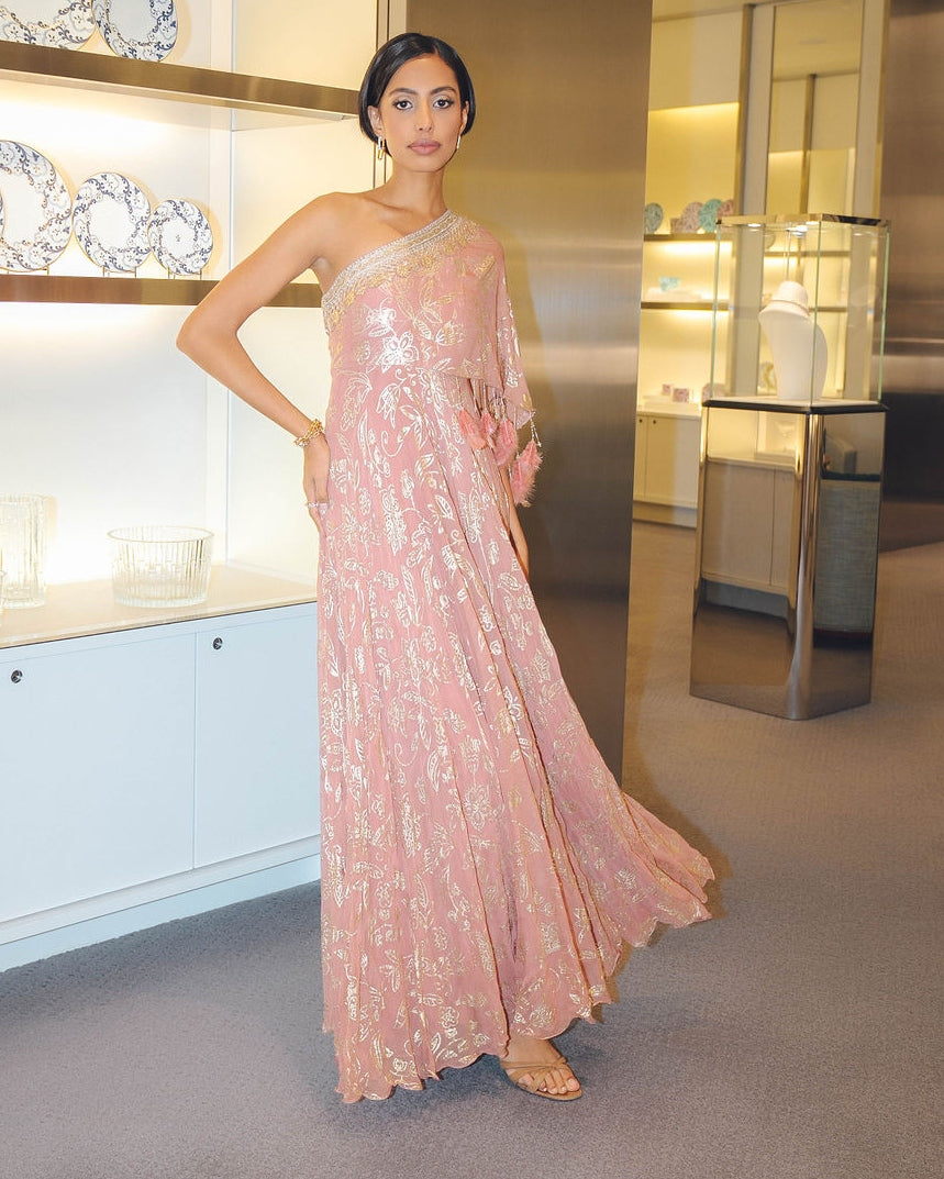 One Shoulder Dusty Pink Chiffon and Gold Foil Kaftan | KYNAH One Shoulder Dusty Pink Chiffon and Gold Foil Kaftan | KYNAH