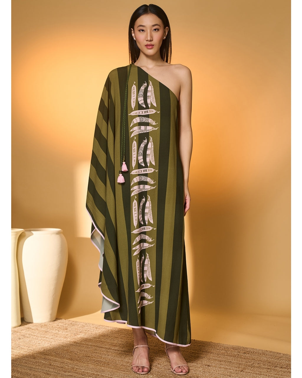 one shoulder kaftan dress Green Totem Pod One Shoulder Kaftan