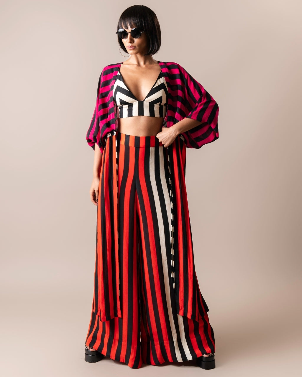 Magenta & Tangerine Kimono Jacket Set Nupur Kanoi KYNAH