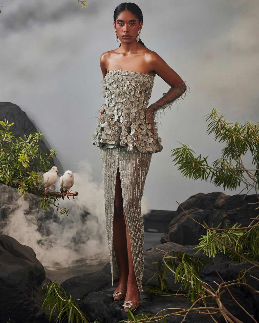 feather peplum dress Strapless Peplum Dress with 3D Bow and Feather Details Light Pink / US 12