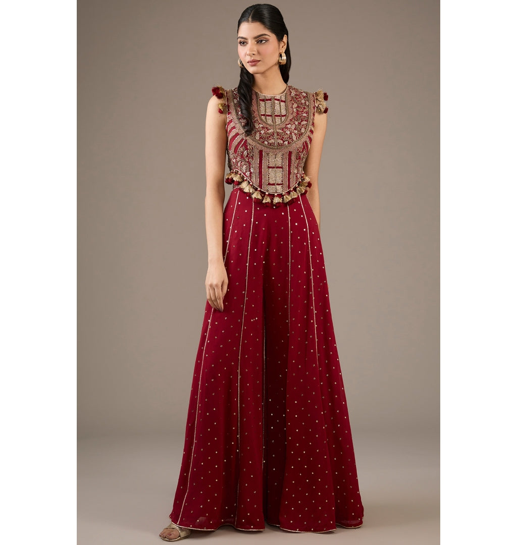 Maroon Embroidered Choli With Sharara Set | Payal Singhal L / 44 Maroon Embroidered Choli With Sharara Set | Payal Singhal L / 44