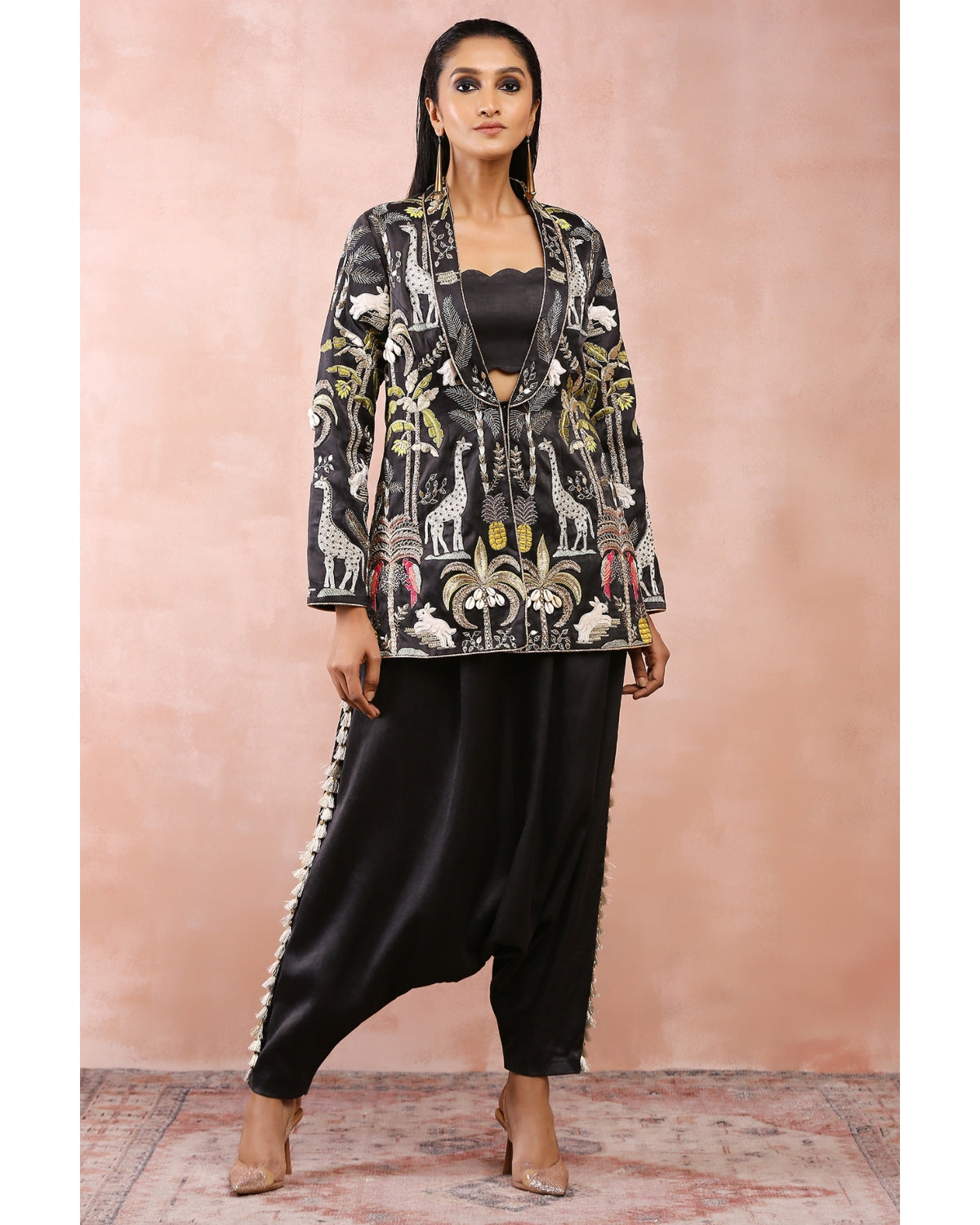Black Embroidered Jacket With Bustier And Low Crotch Pant