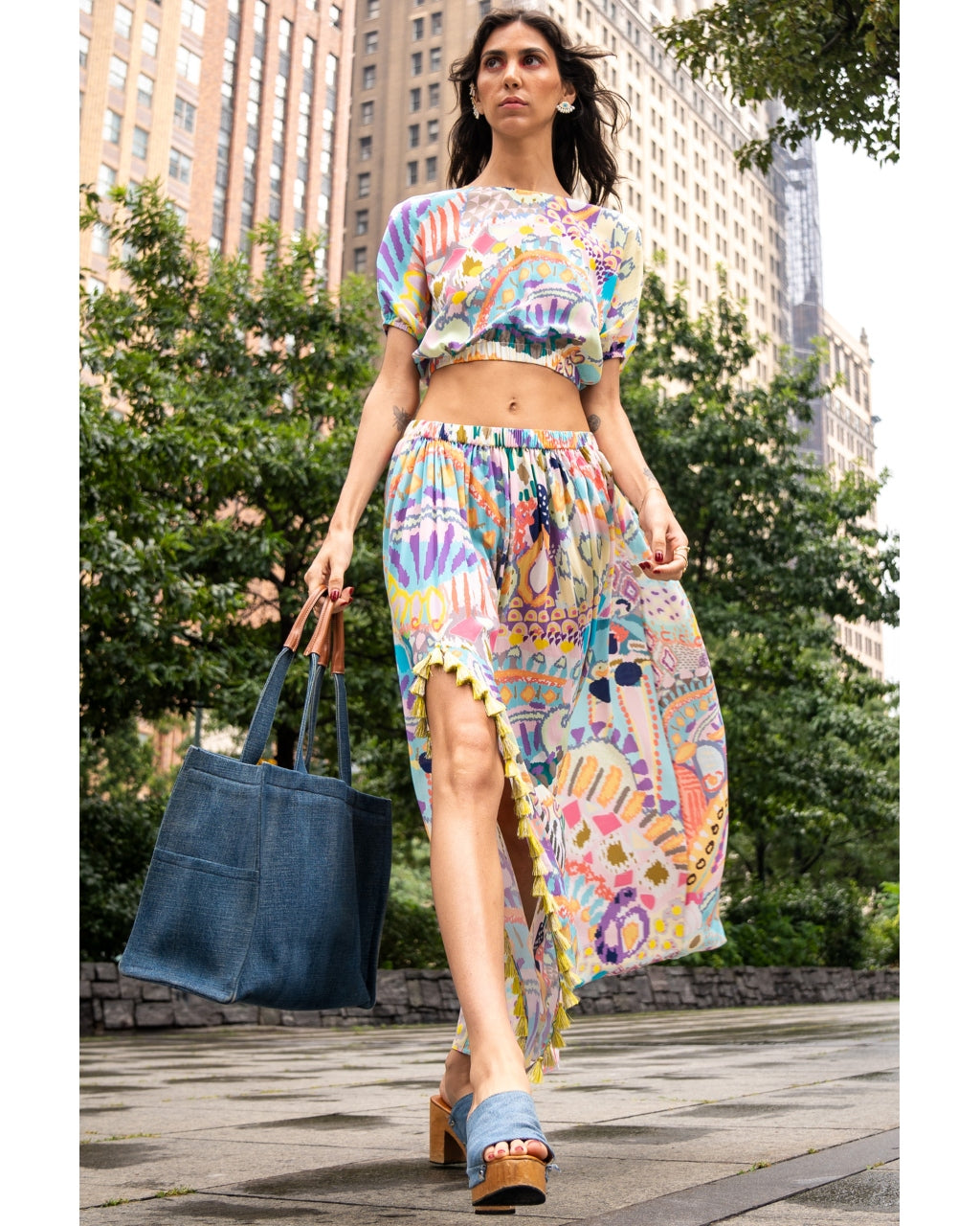 Emily Multi Psychedelic Print Crepe Balloon Top With Side Slit Gathered  Skirt