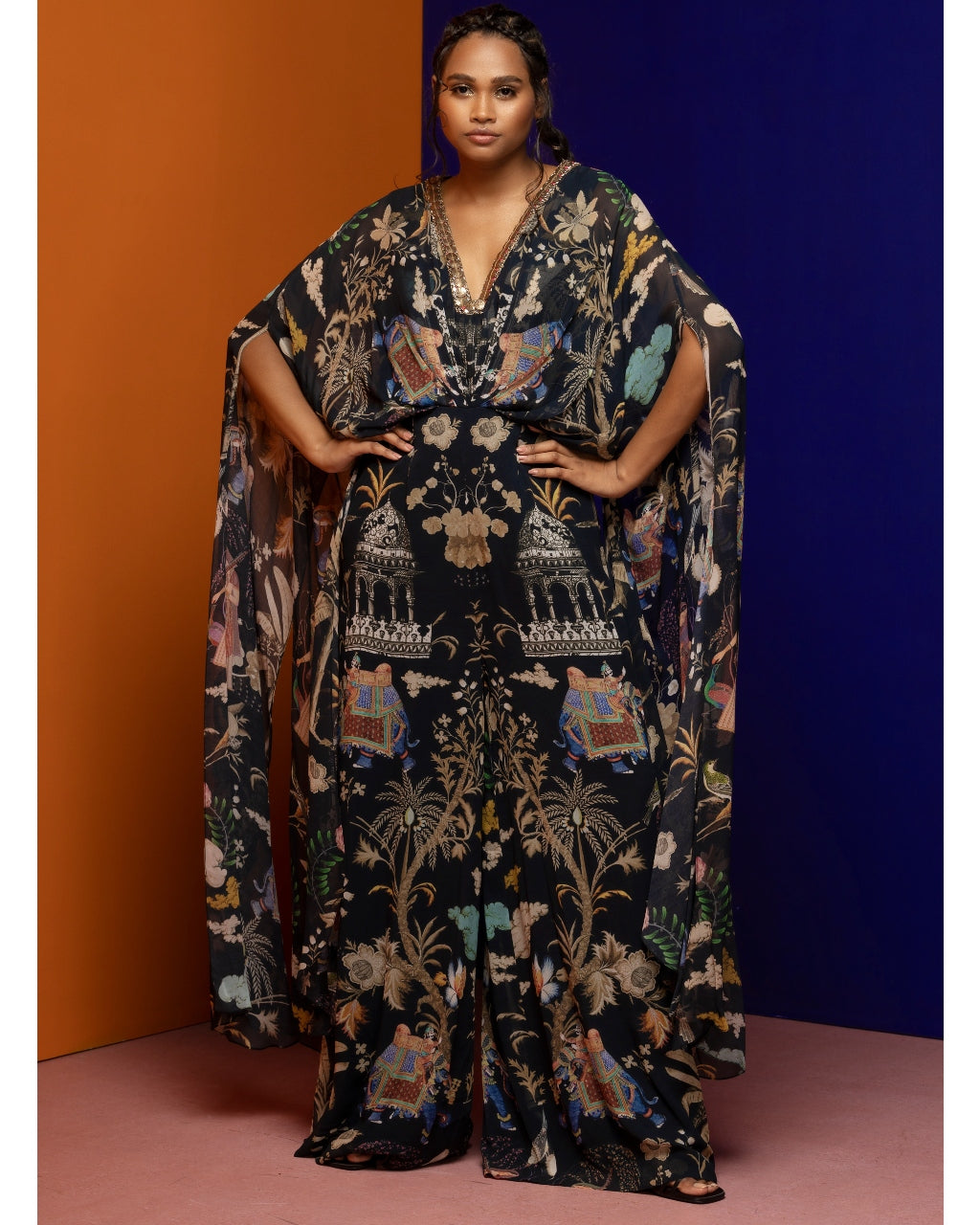 Black Printed Kaftan Jumpsuit Rajat Tangri KYNAH