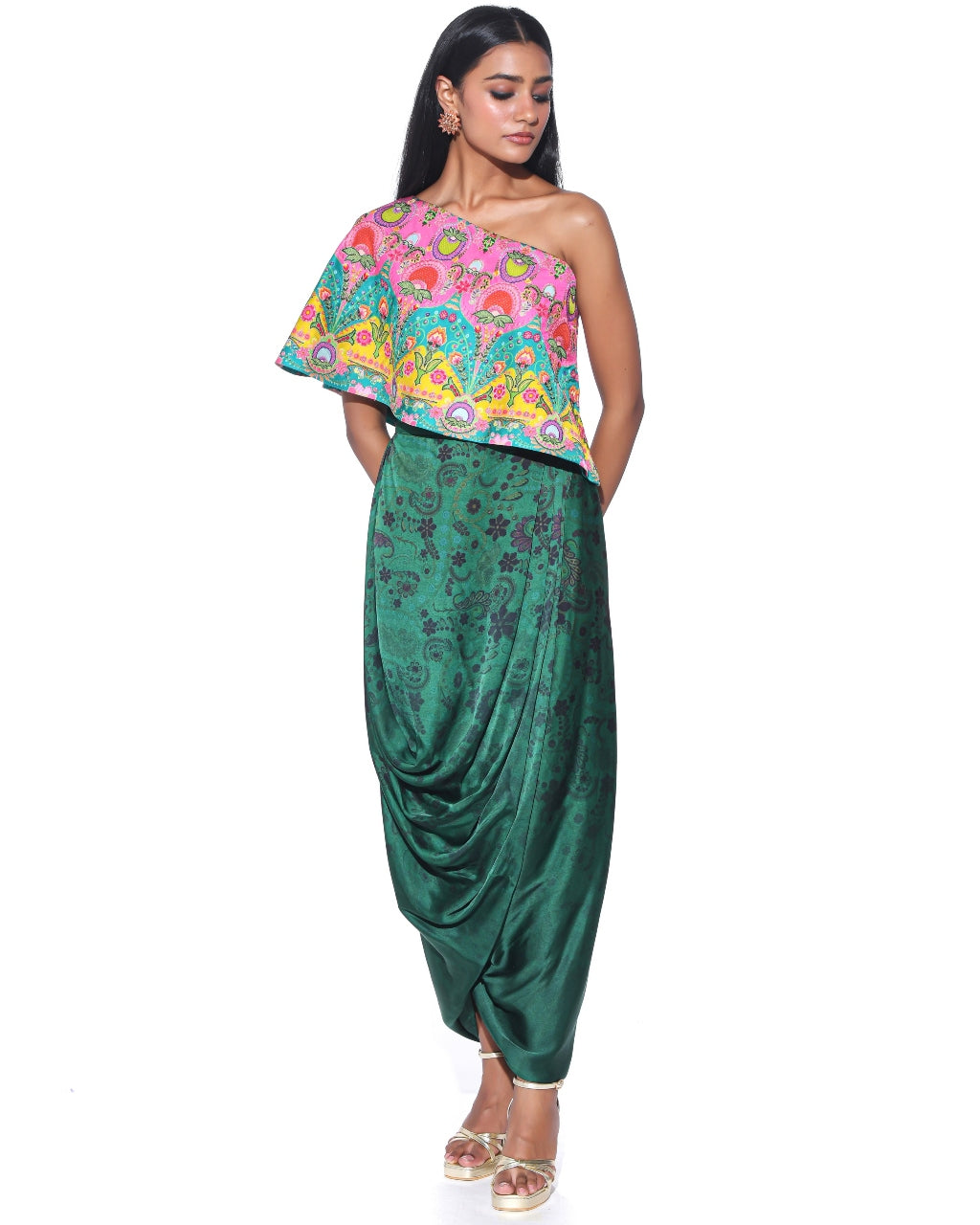 Pink And Teal Embroidered One Shoulder Top And Drape Skirt Set