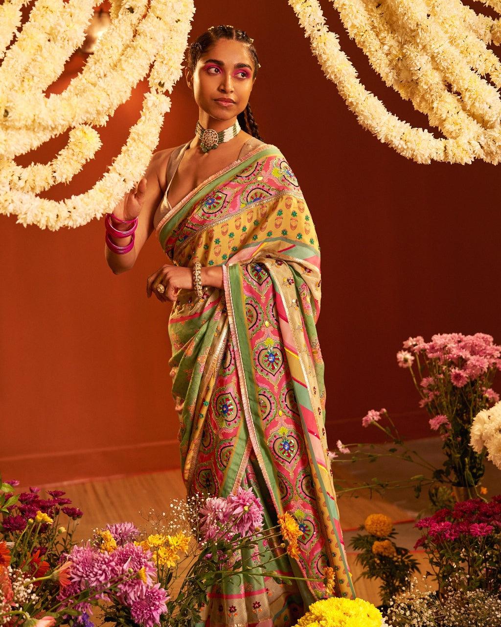 Sage Green Multi Border Embroidered Sari Set