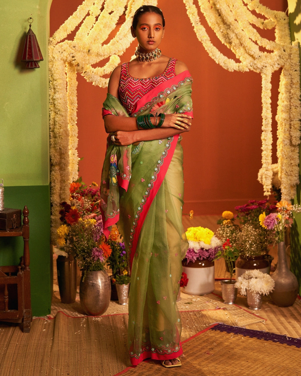 Sage Green, Silk Organza Embroidered Sari Set