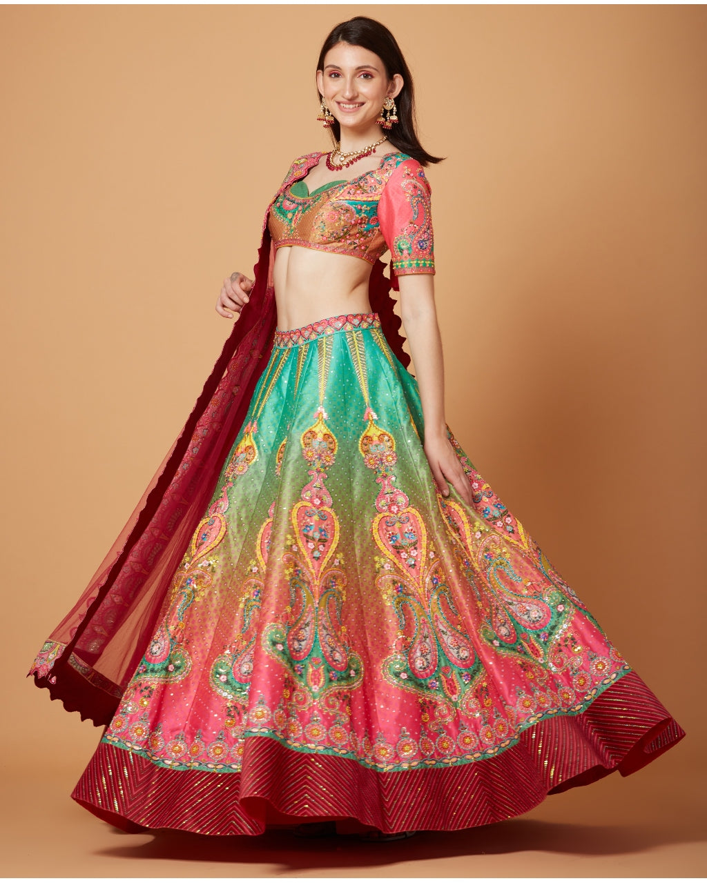 Green-Pink Ombre Embroidered Lehenga Set