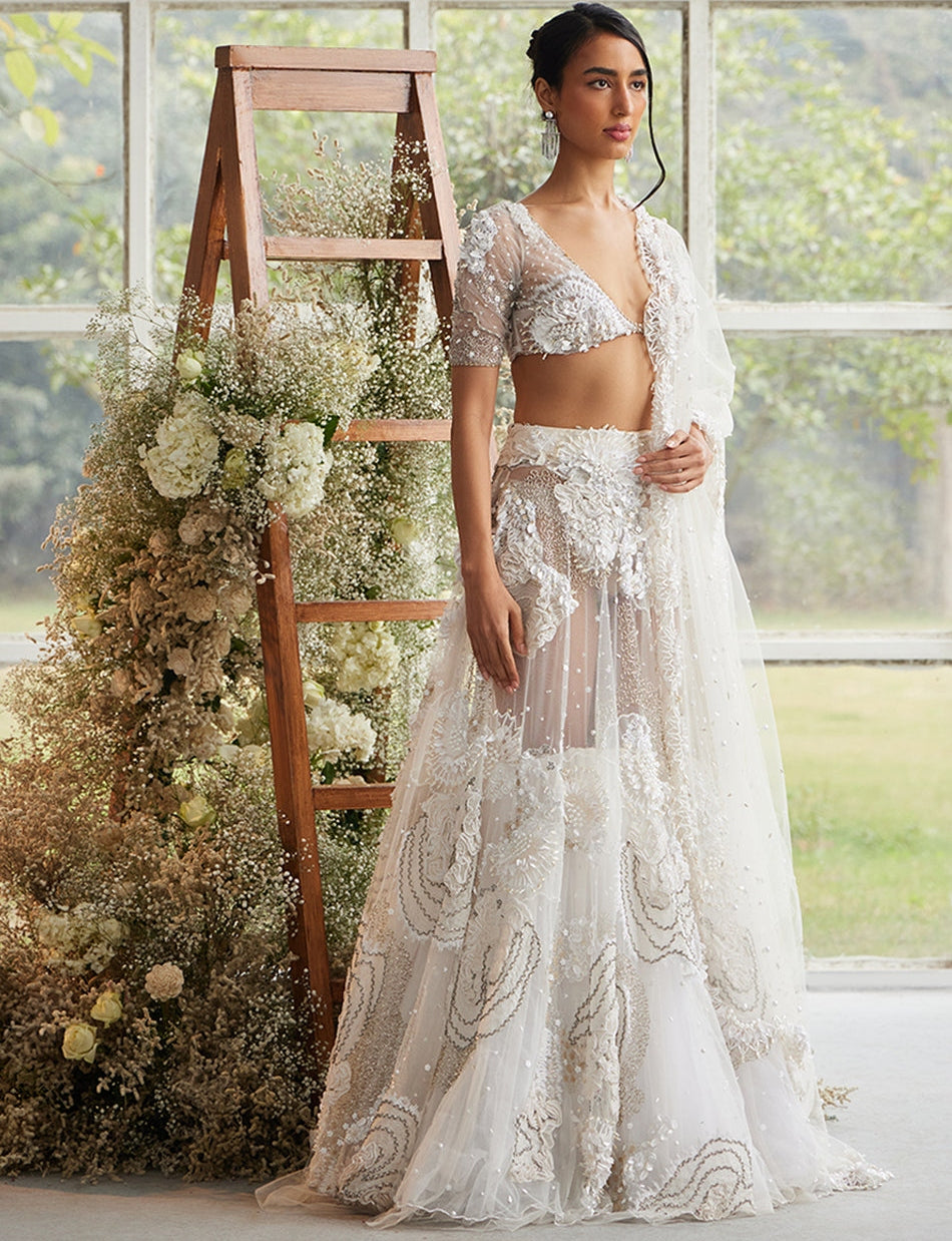 Ecru Iridescent Bloom Lehenga with Pearl Encrusted Veil | Shivan & Narresh S / 44 Ecru Iridescent Bloom Lehenga with Pearl Encrusted Veil | Shivan & Narresh S / 44