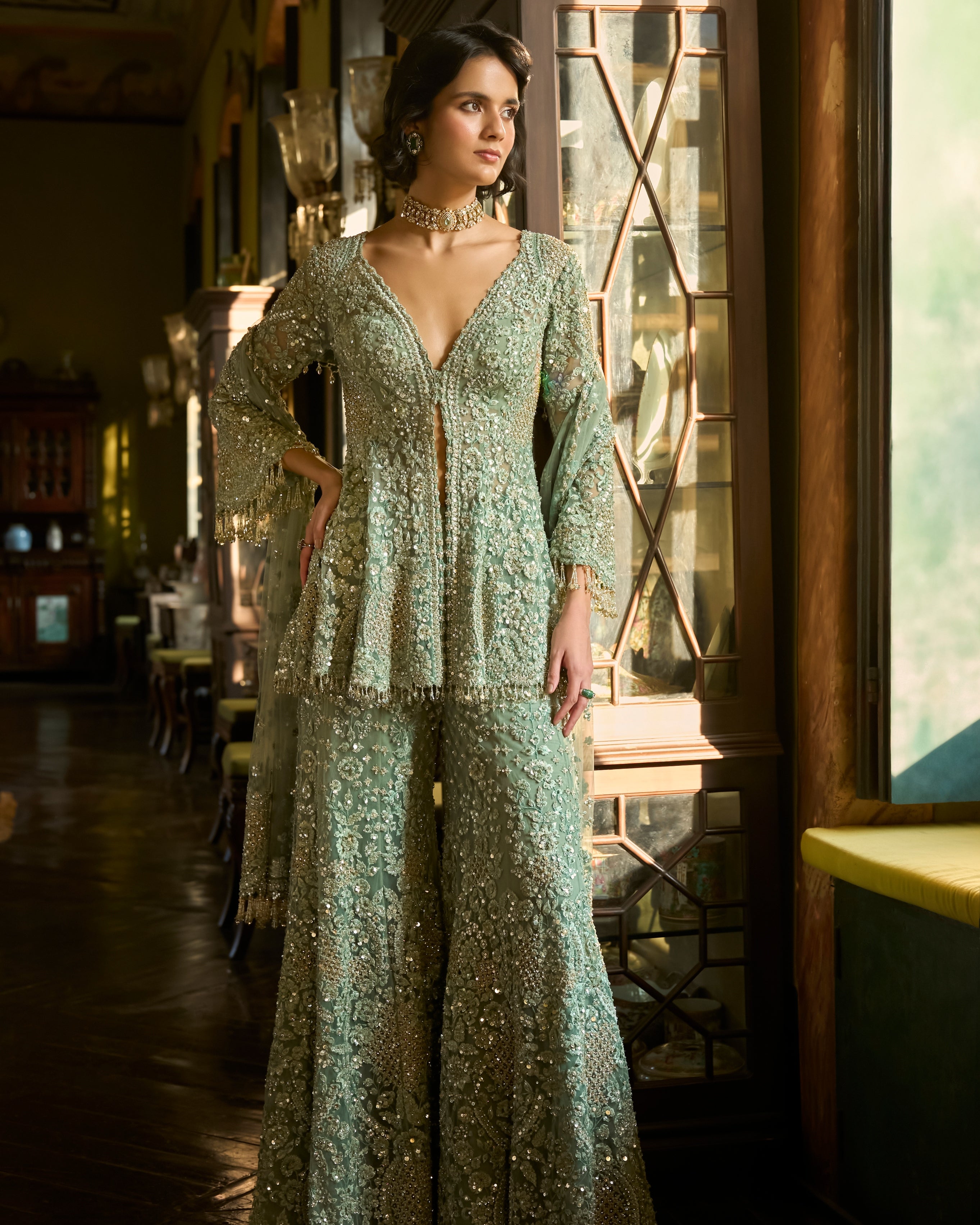 green sharara dress Sea Green Viscose Tissue with Pitta work Sharara Suit Set – Seerat Ethnic main image 0