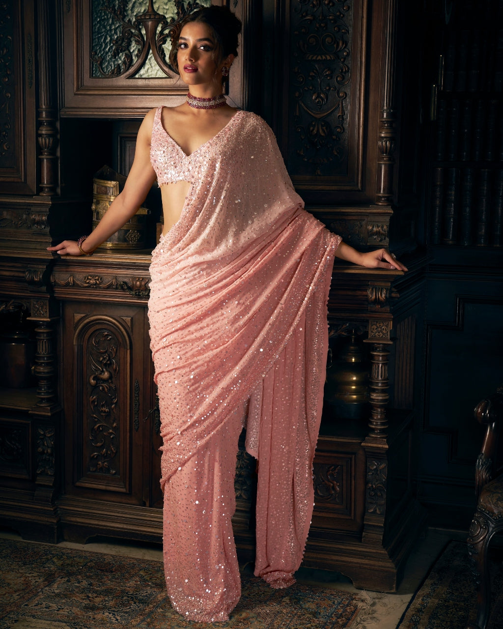 Pink Sequin Georgette Sari Set