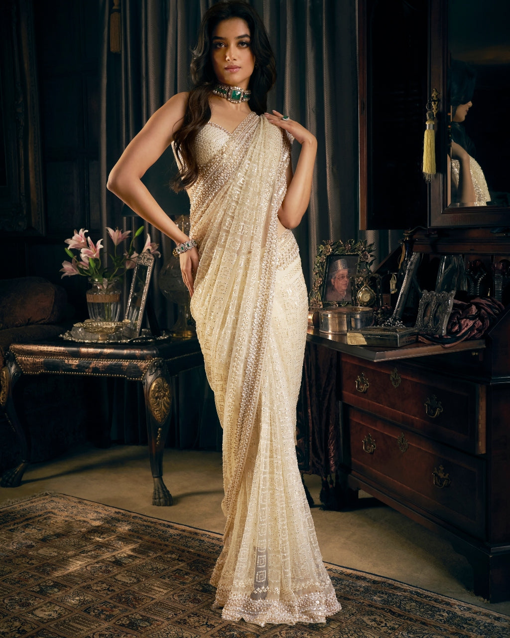 Ivory Gold Net Sari Set
