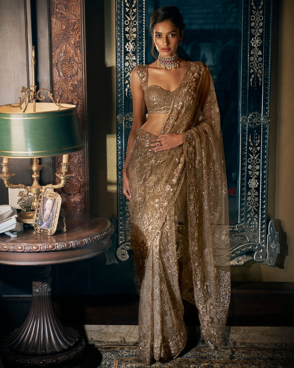 Antique Gold Sequin Sari Set