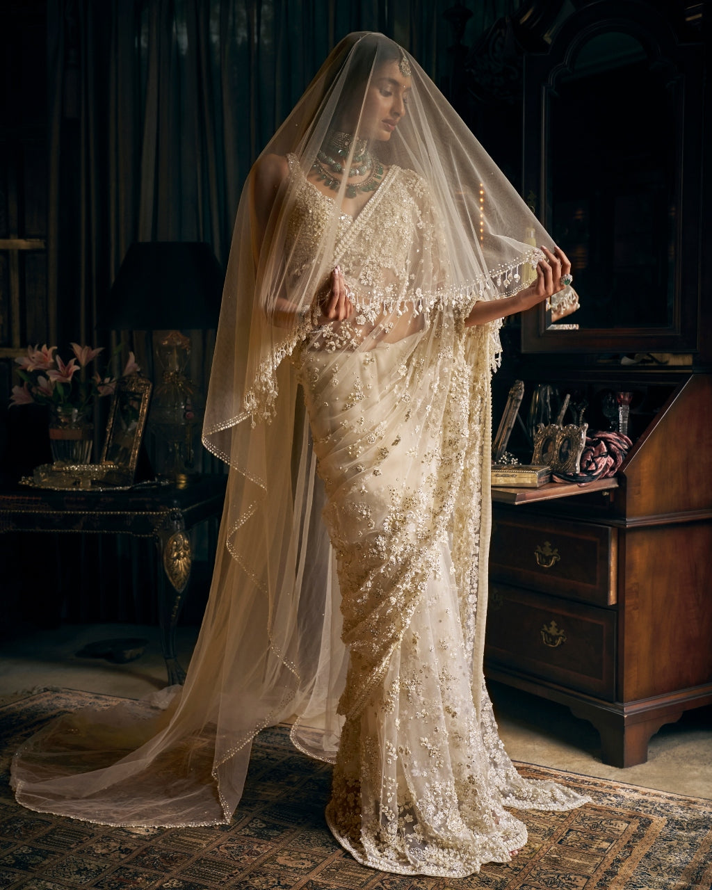 Ivory Three-dimensional Sari With Strappy Blouse Seema Gujral