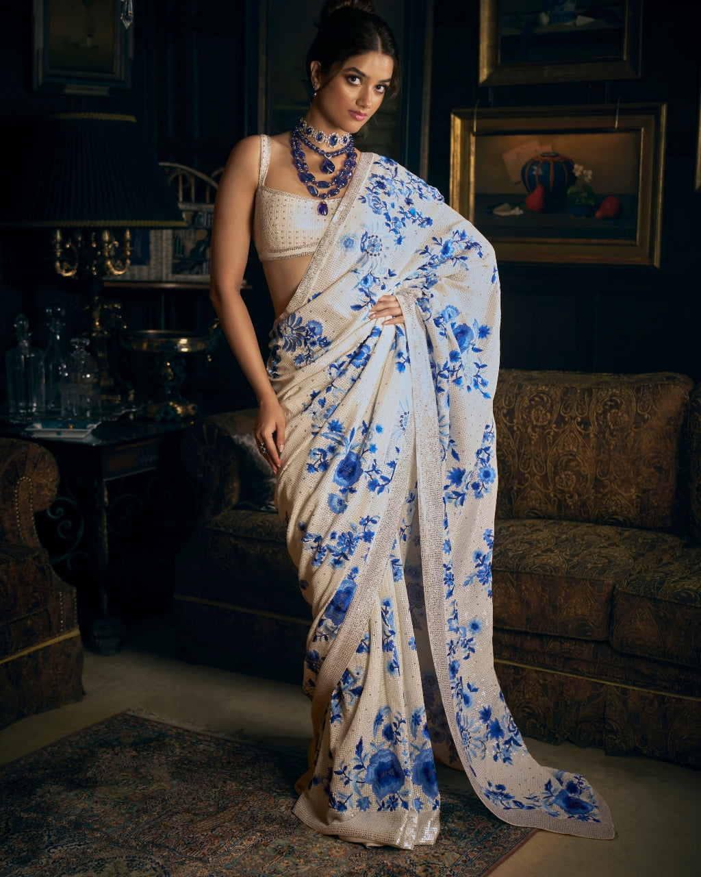 Ivory & Blue Sequin Sari Set