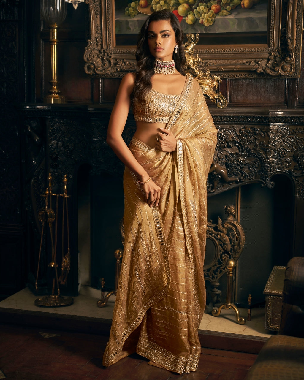 Gold Mirror work Sari Set
