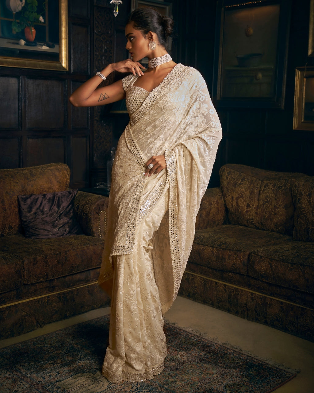 Ivory Thread Work Sari Set