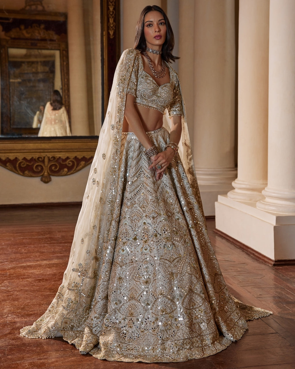 Cream And Green Highlighting Lehenga Set | Tamanna Punjabi Kapoor CUSTOM SIZE / 42 / With Veil Cream And Green Highlighting Lehenga Set | Tamanna Punjabi Kapoor CUSTOM SIZE / 42 / With Veil