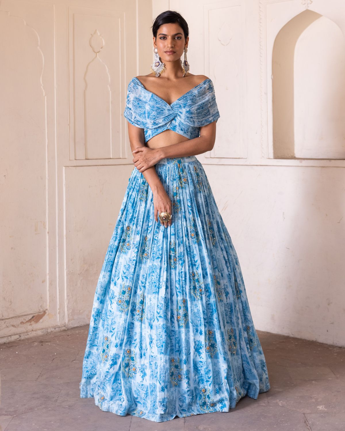 Blue Off Shoulder Lehenga Set | Label Anushree KYNAH Blue Off Shoulder Lehenga Set | Label Anushree KYNAH