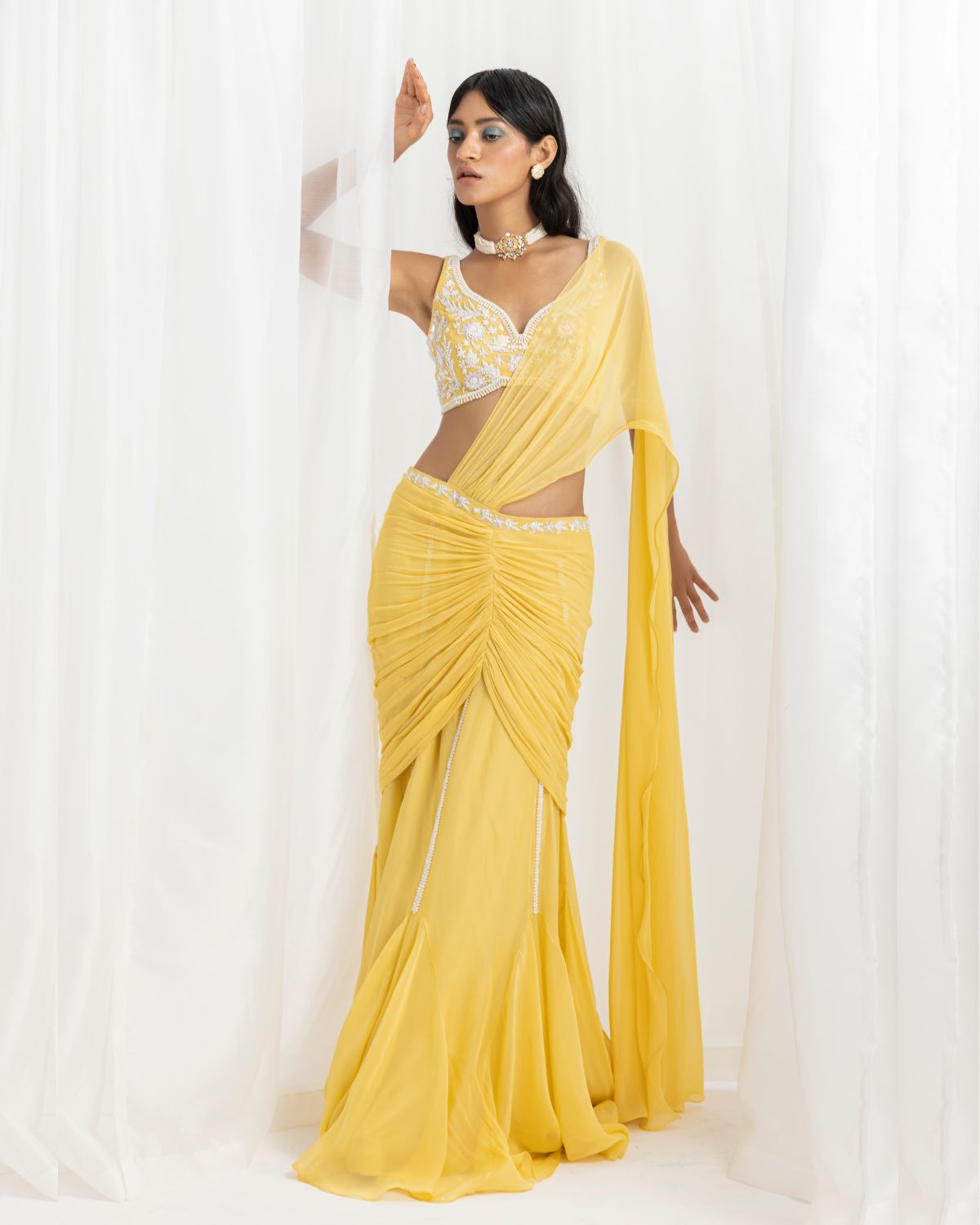 Yellow Organza Embellished Pre-Stitched Flared Sari Set