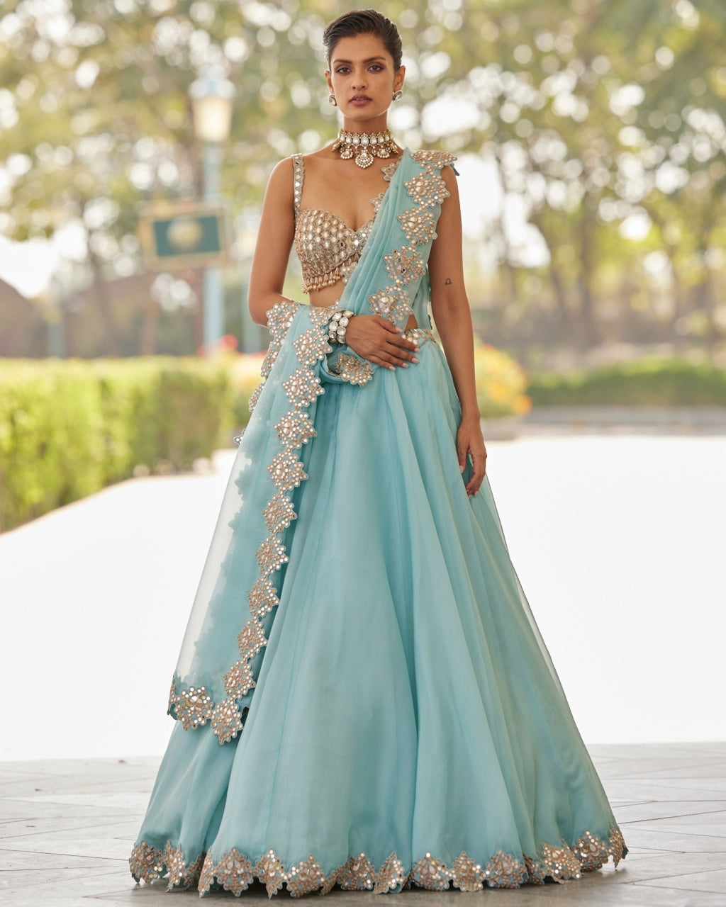 Powder Blue Organza Mirror Embroidered Lehenga Set | Vvani by Vani Vats XS / 42 / Full Sleeve Powder Blue Organza Mirror Embroidered Lehenga Set | Vvani by Vani Vats XS / 42 / Full Sleeve