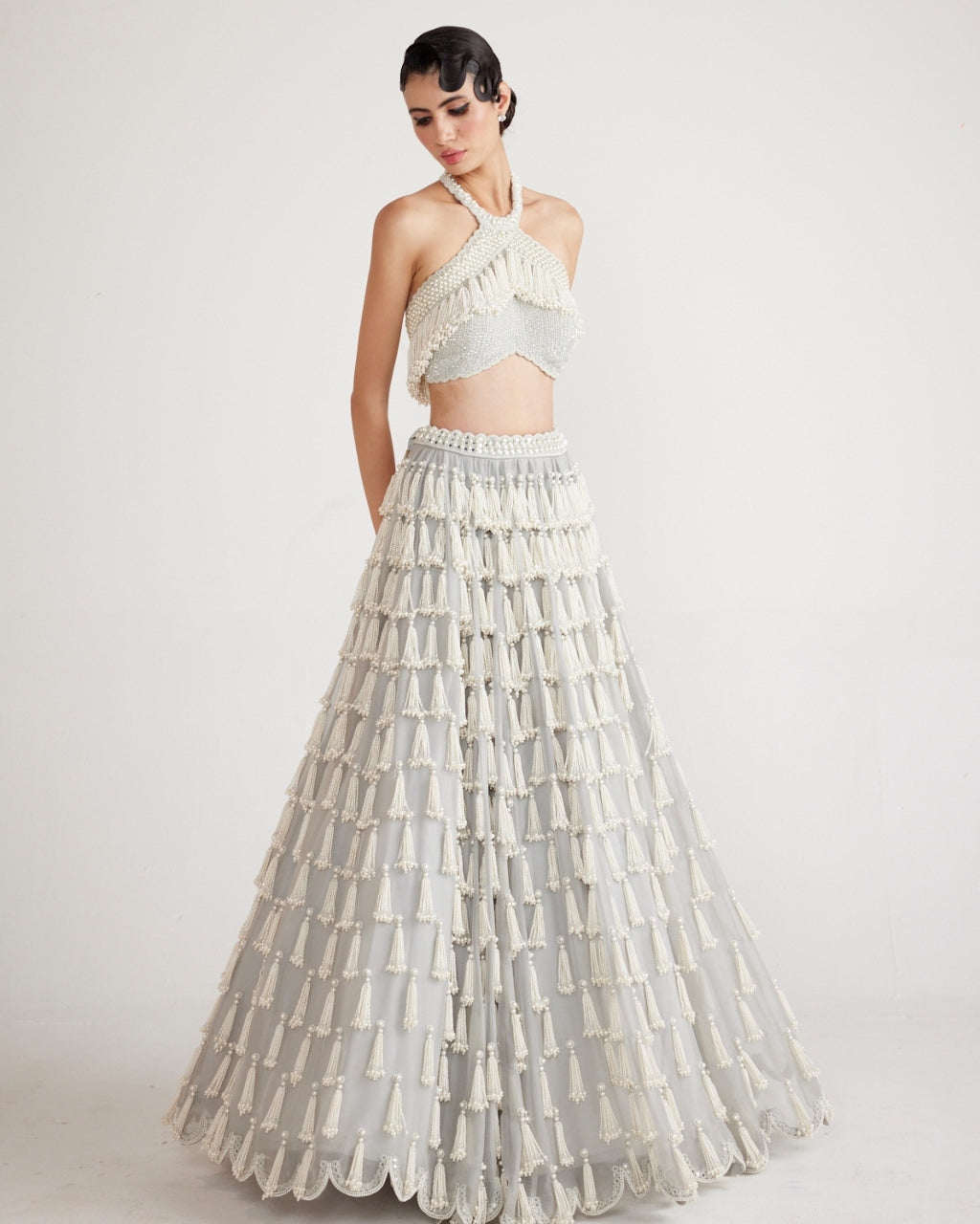 Powder Grey Chandelier Pearl Drop Crop Top Skirt Set