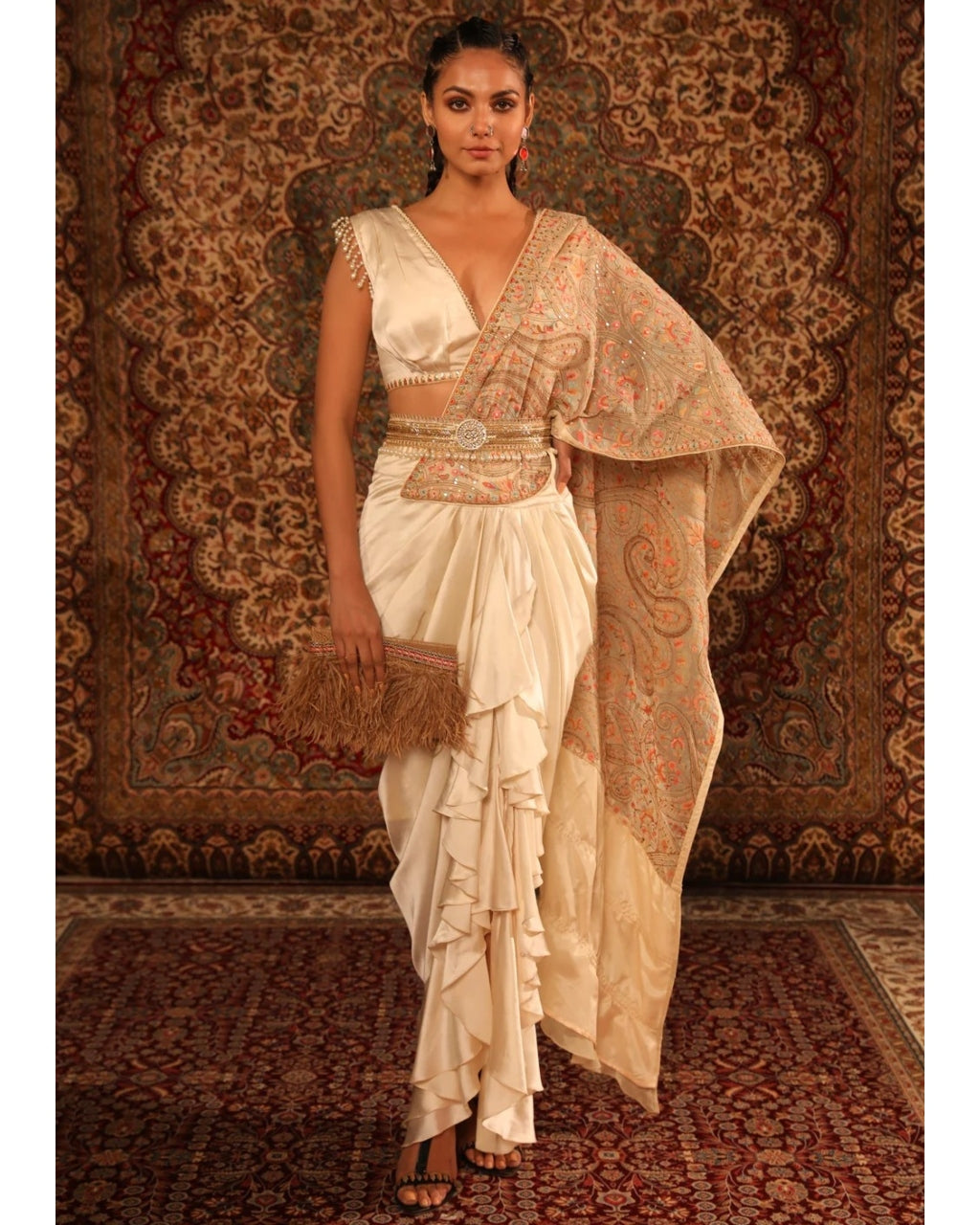 White Jamawaar Draped Sari And Blouse Set