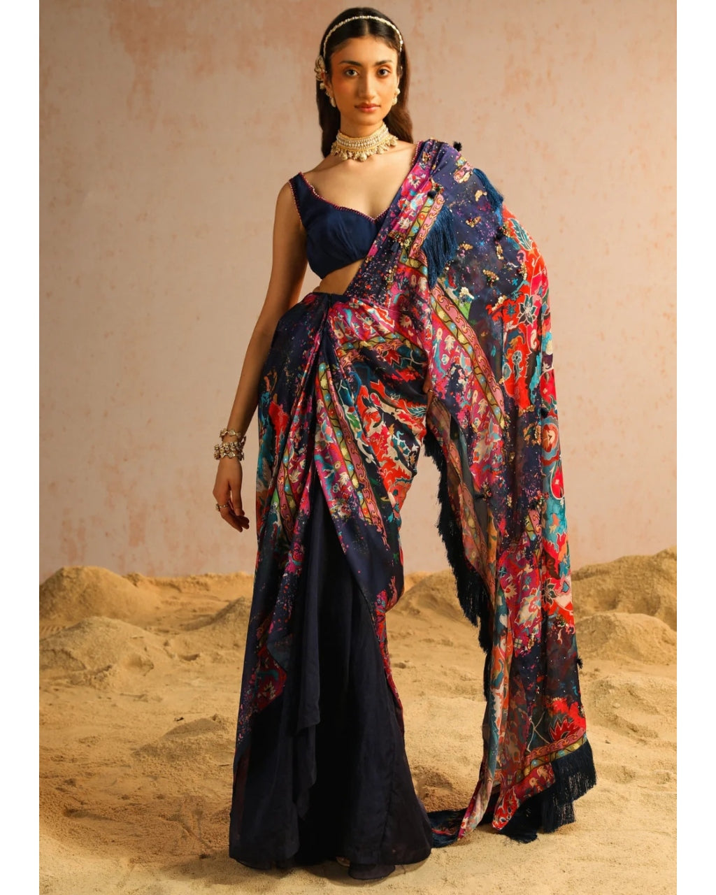 Blue Draped Sari Set