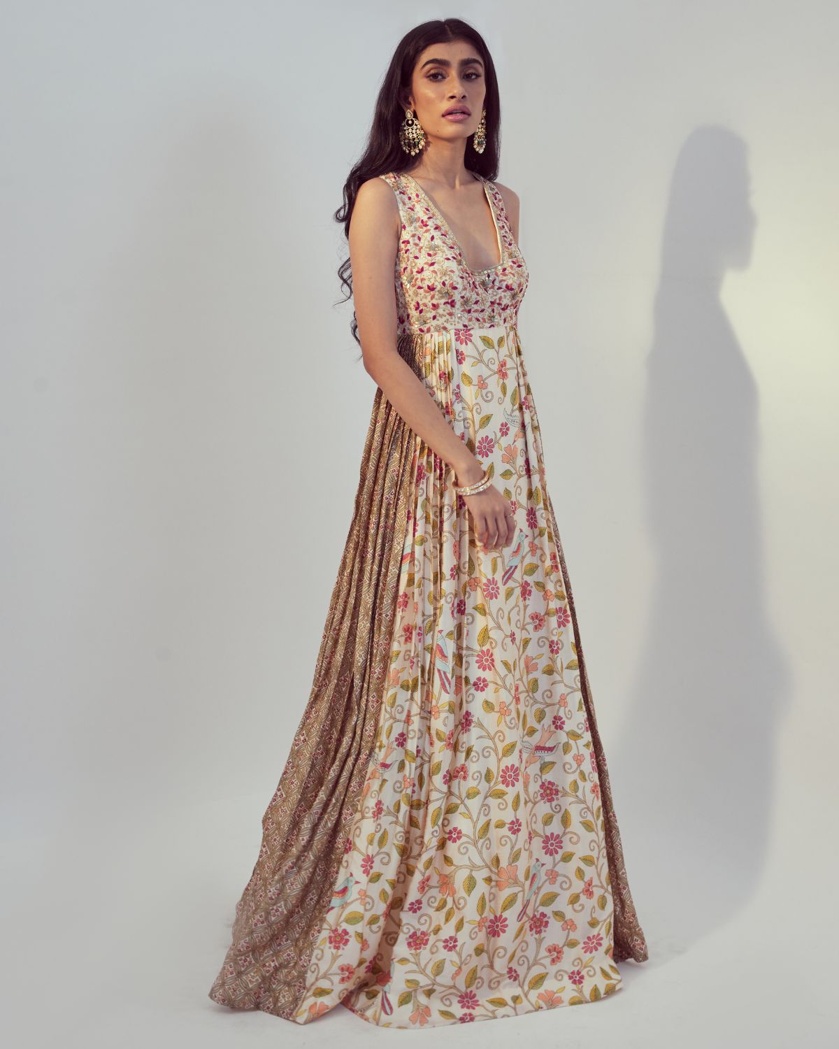 Ivory Floral Print Maxi Dress by Drishti & Zahabia