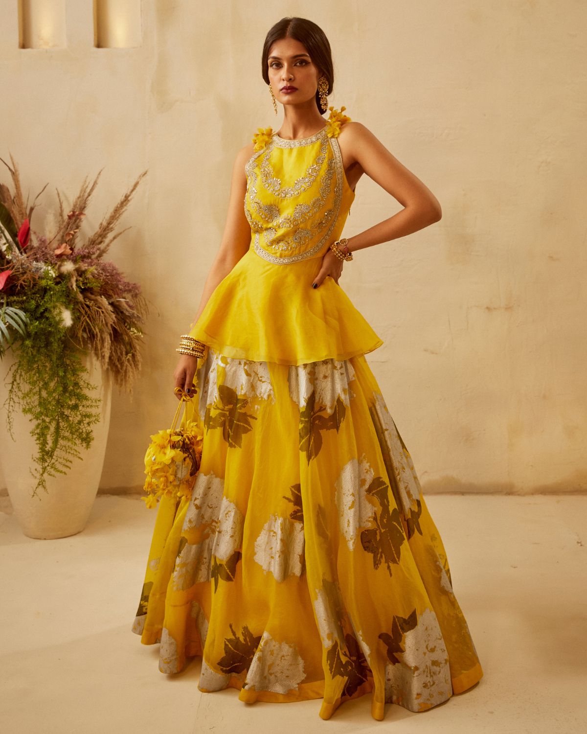 Yellow Embroidered Peplum & Dahlia Lehenga Set | Bhumika Sharma XL / 40 Yellow Embroidered Peplum & Dahlia Lehenga Set | Bhumika Sharma XL / 40
