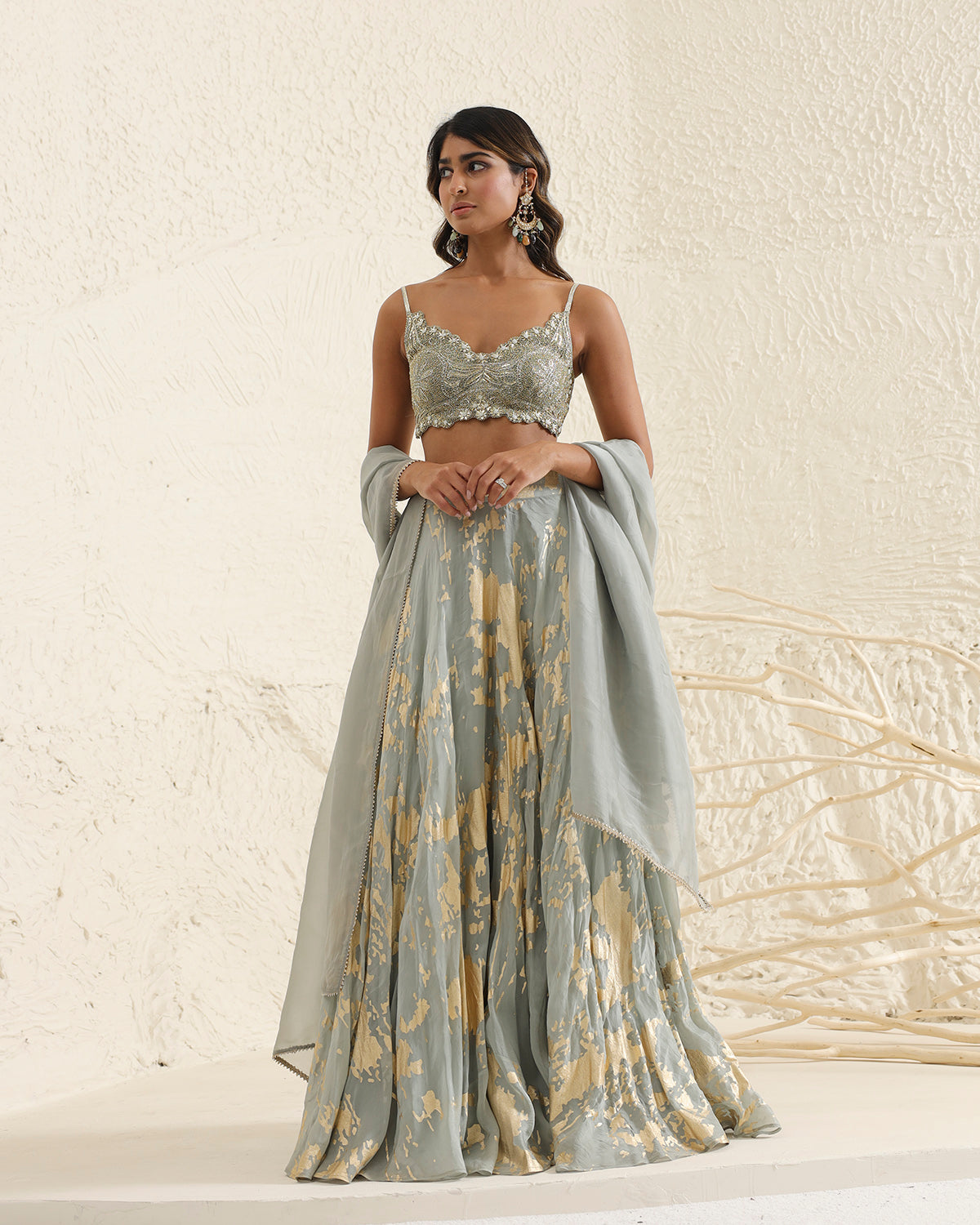 Gray and Gold Foil Embroidered Lehenga Set | KYNAH XL / 44 Gray and Gold Foil Embroidered Lehenga Set | KYNAH XL / 44