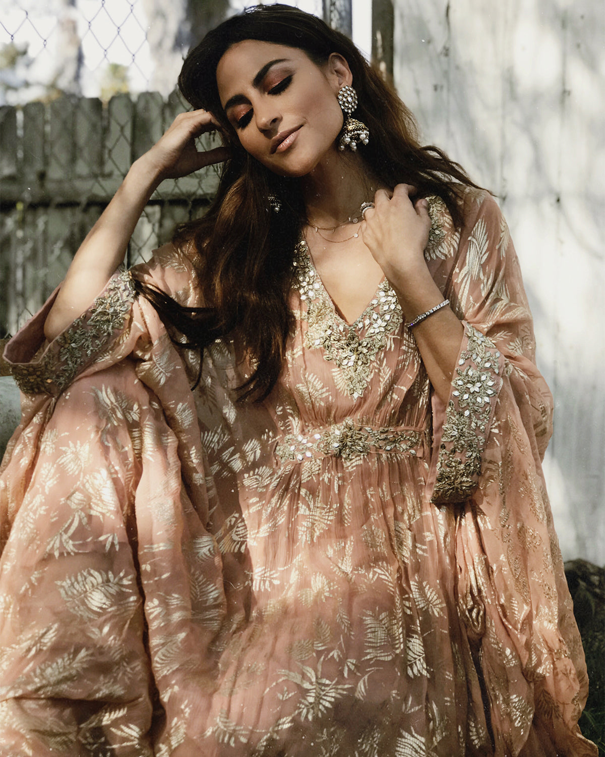 Coral Pink Chiffon and Gold Foil Kaftan | KYNAH USA L / 56 Coral Pink Chiffon and Gold Foil Kaftan | KYNAH USA L / 56