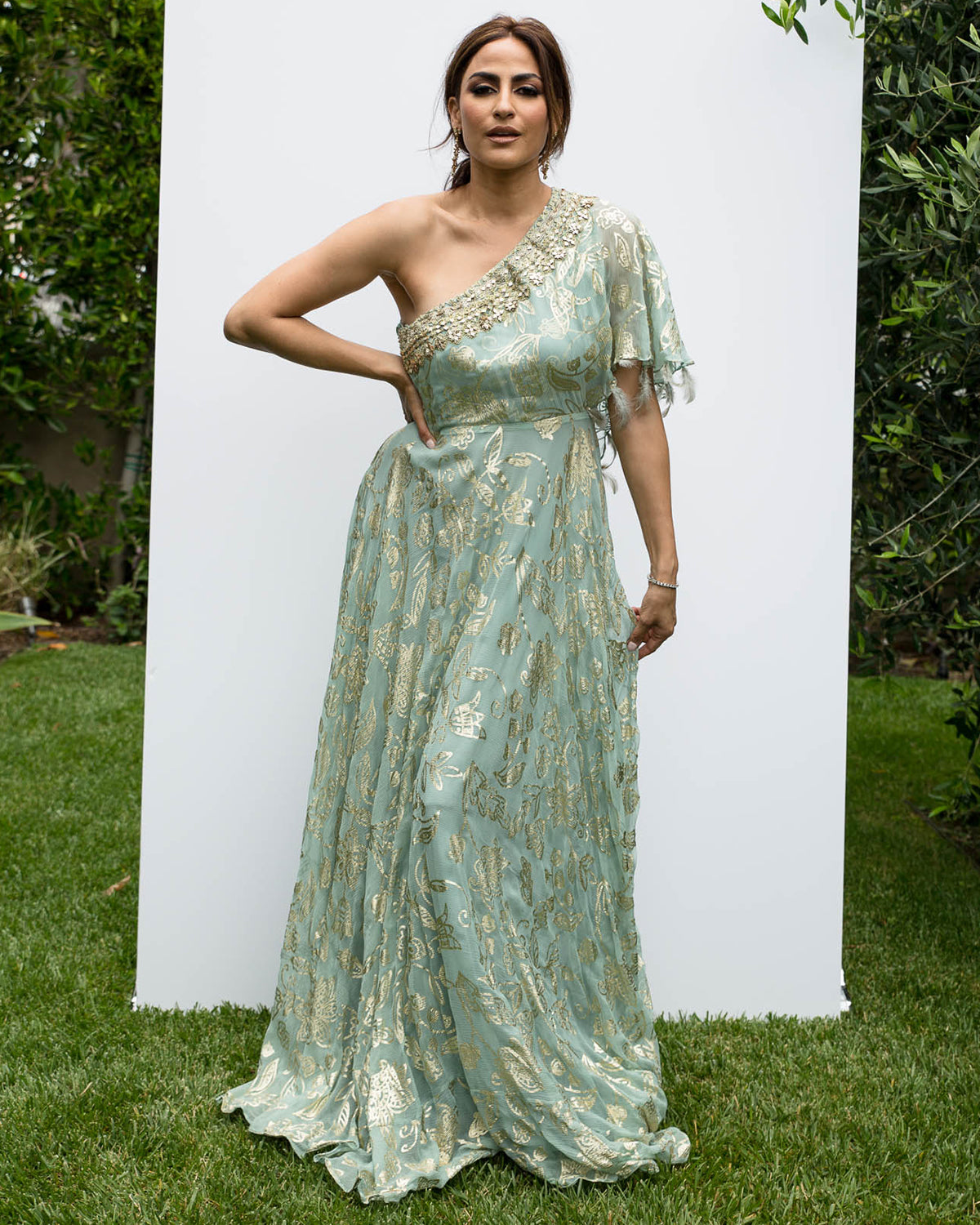 One Shoulder Sea Green Chiffon and Gold Foil Kaftan | KYNAH M / 60 One Shoulder Sea Green Chiffon and Gold Foil Kaftan | KYNAH M / 60