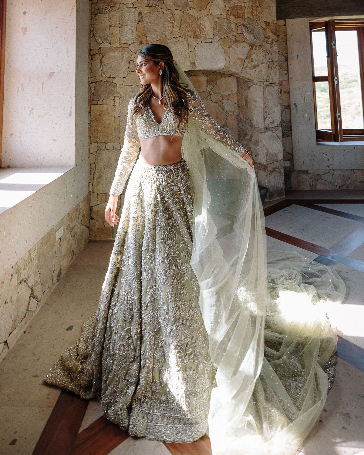 Aisha Rawji Moss Green Sequin Bridal Lehenga | Seema Gujral Aisha Rawji Moss Green Sequin Bridal Lehenga | Seema Gujral
