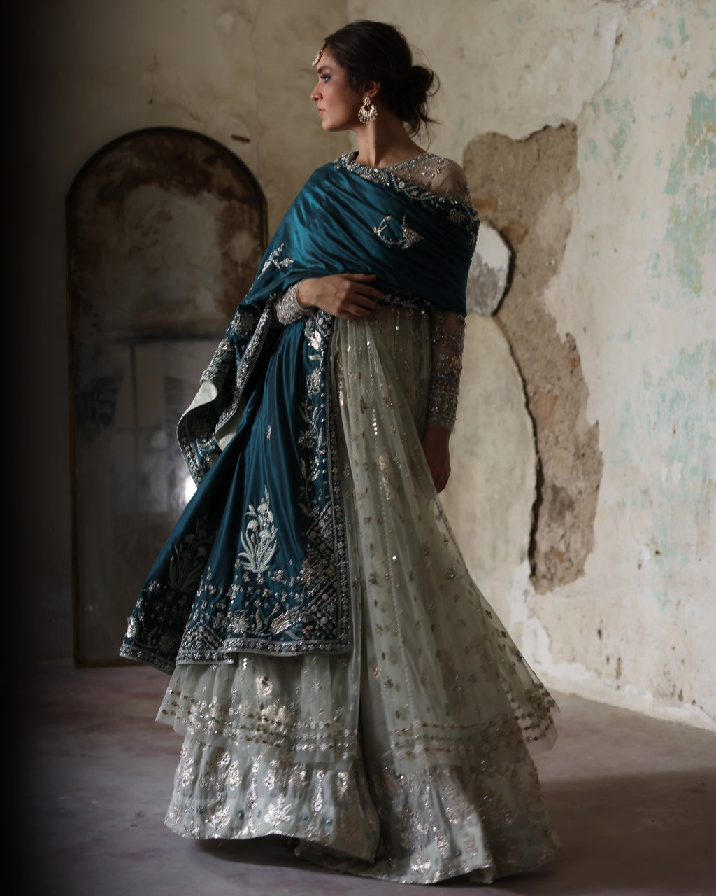 Teal Katan With Aqua Embroidered Lehenga Set