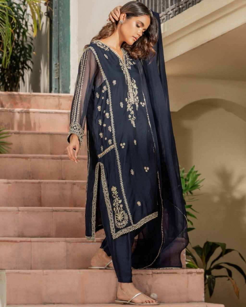 Navy Blue Embroidered Raya Kurti Set