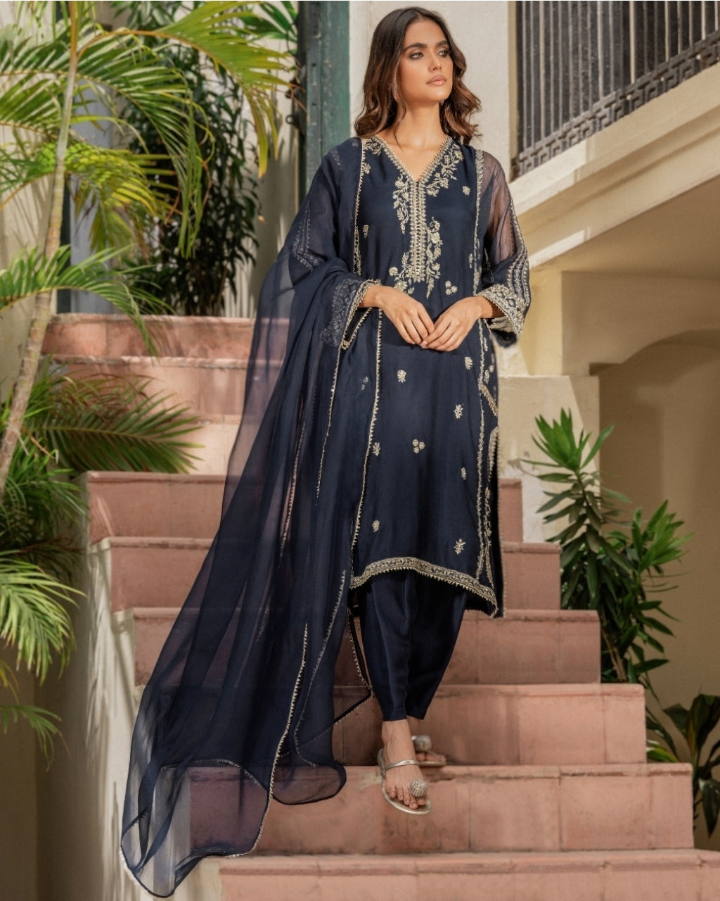 Navy Blue Embroidered Raya Kurti Set