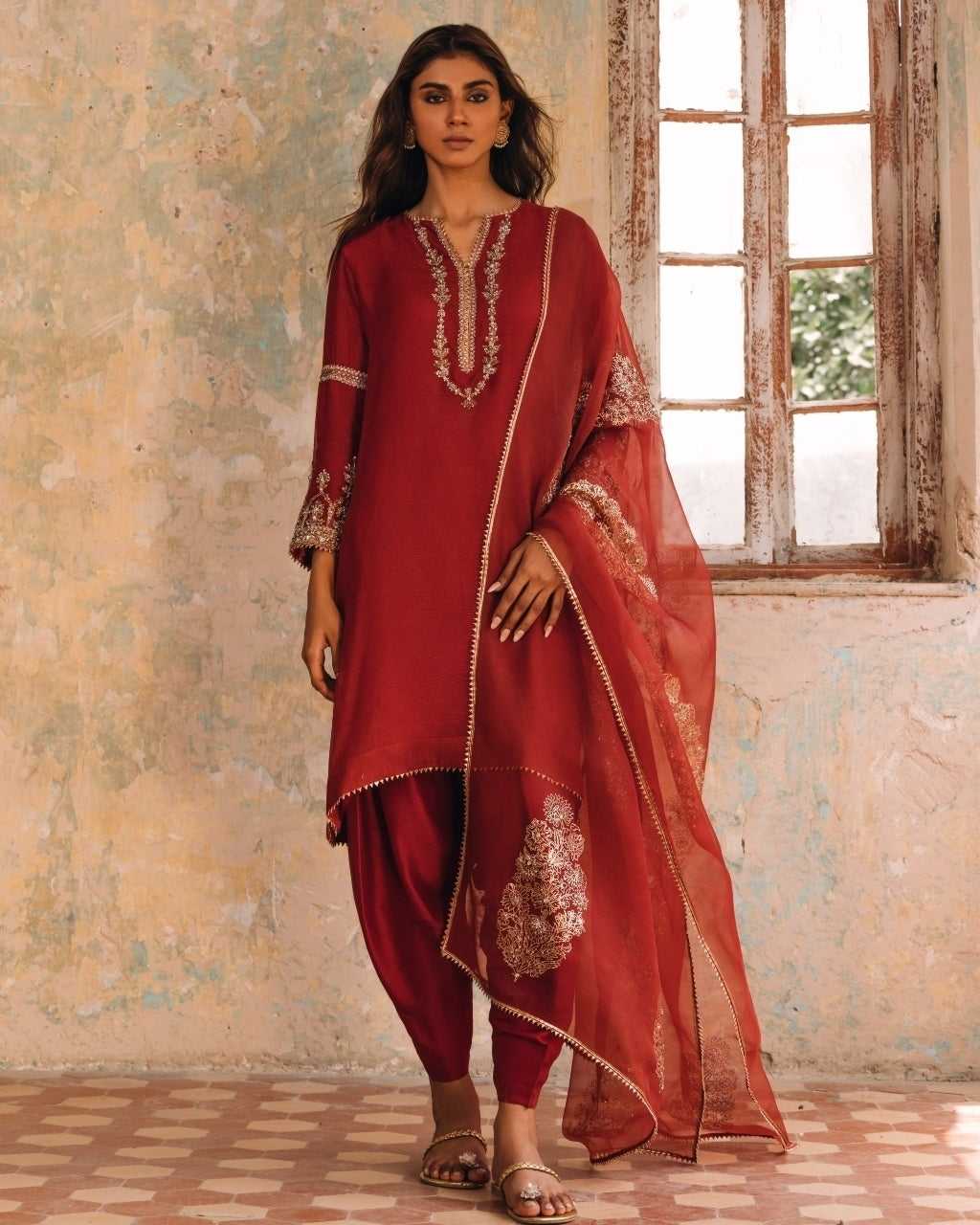 Rust Red Alisha Kurta With Dhoti Pant Set