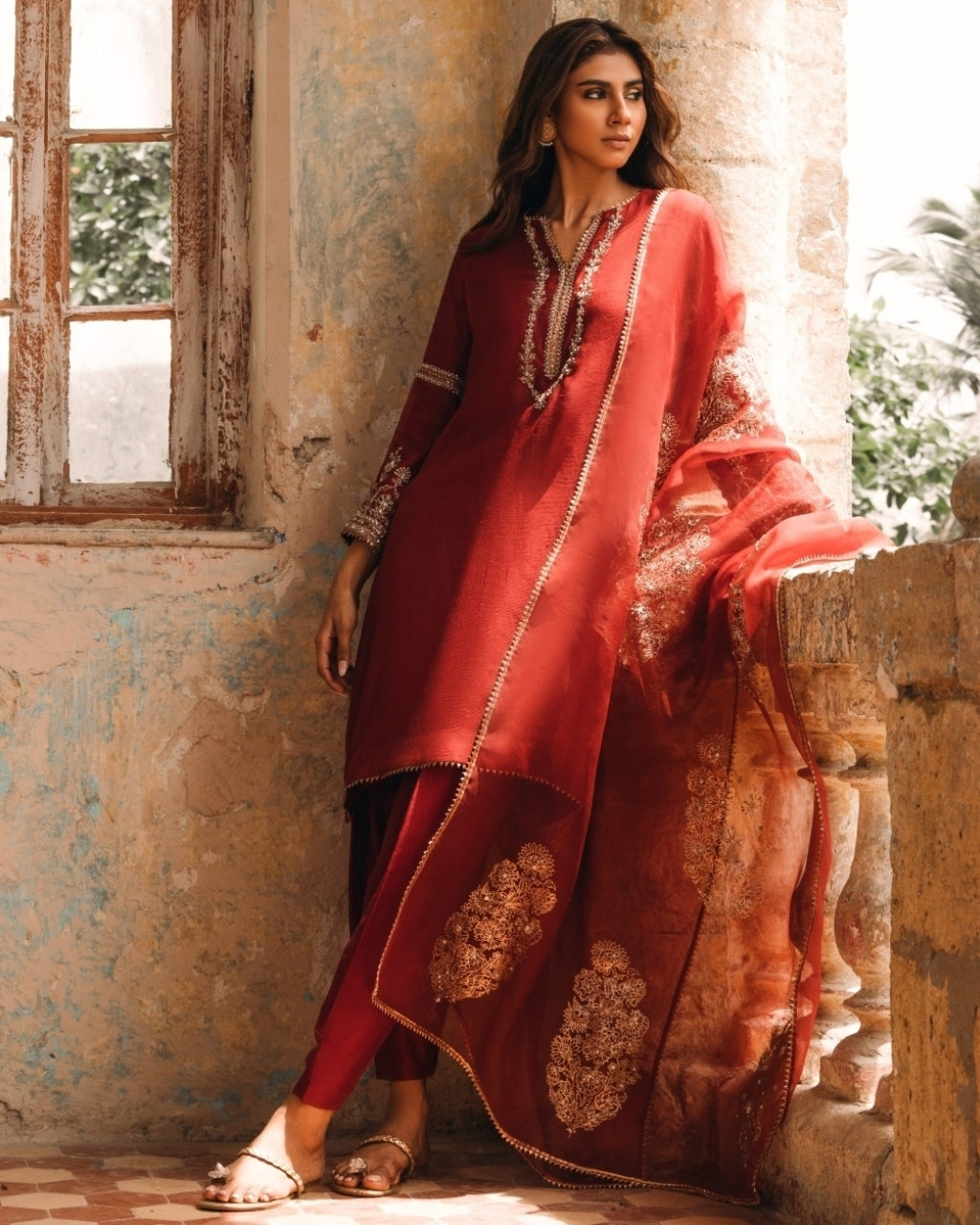 Rust Red Alisha Kurta With Dhoti Pant Set