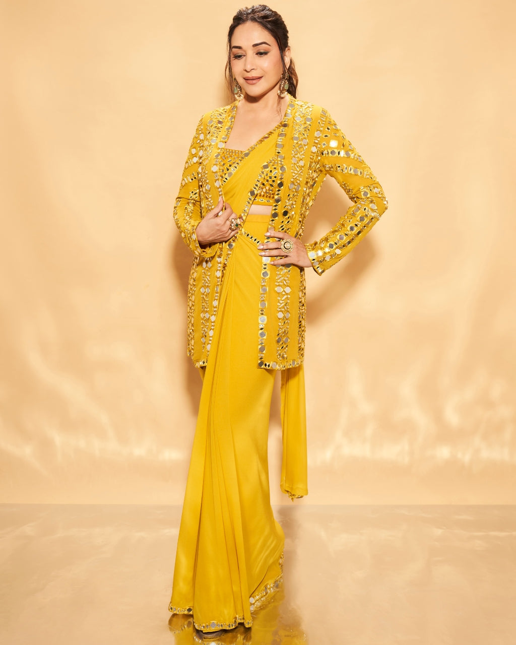Yellow Mirror Work Stitched Sari Set