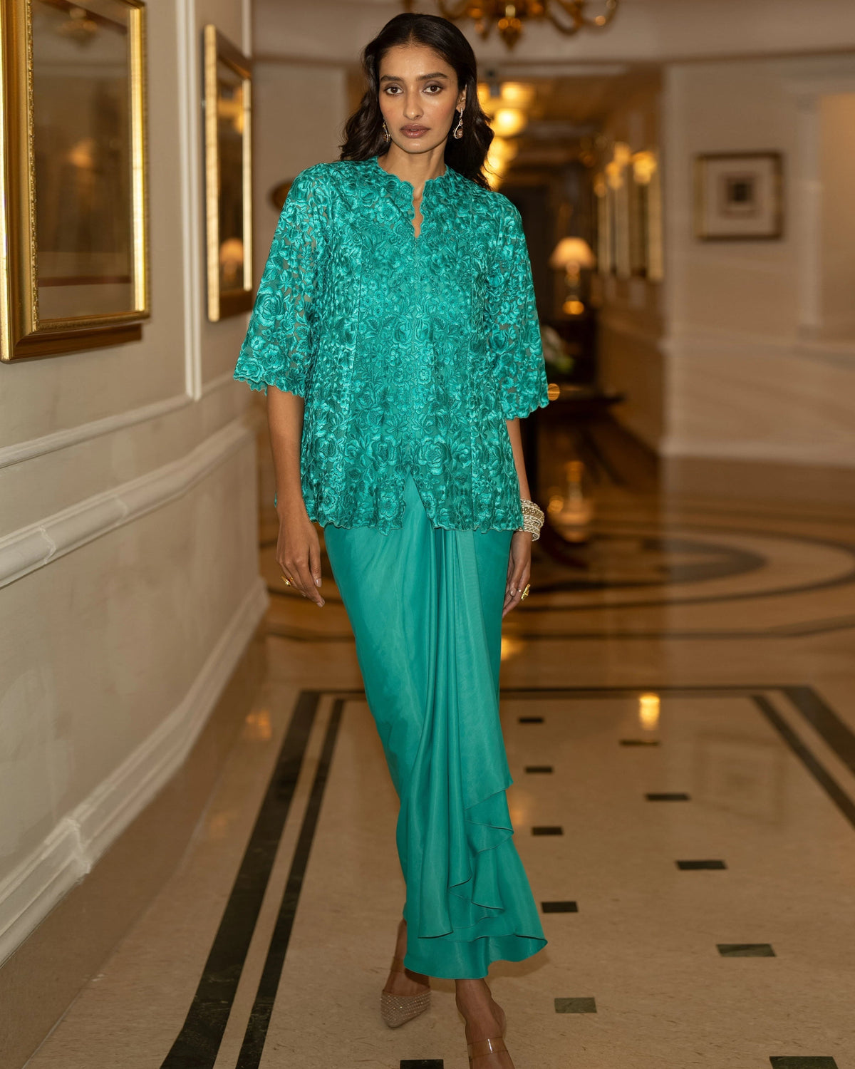 Aqua Embroidered Drape Skirt Set